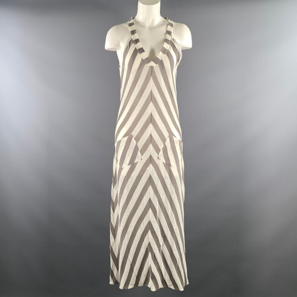 FARELLA Size M White Grey Stripe Maxi Dress